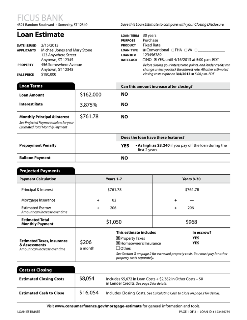 Sample Loan Estimate Document Page 1