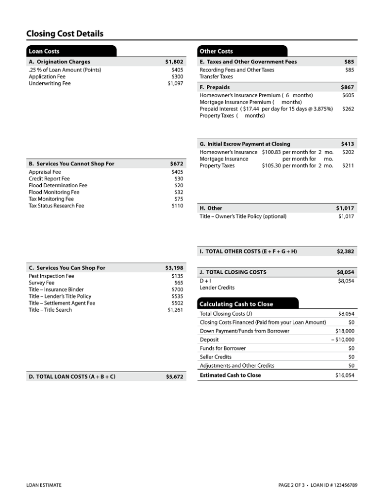 Sample Loan Estimate Document Page 2